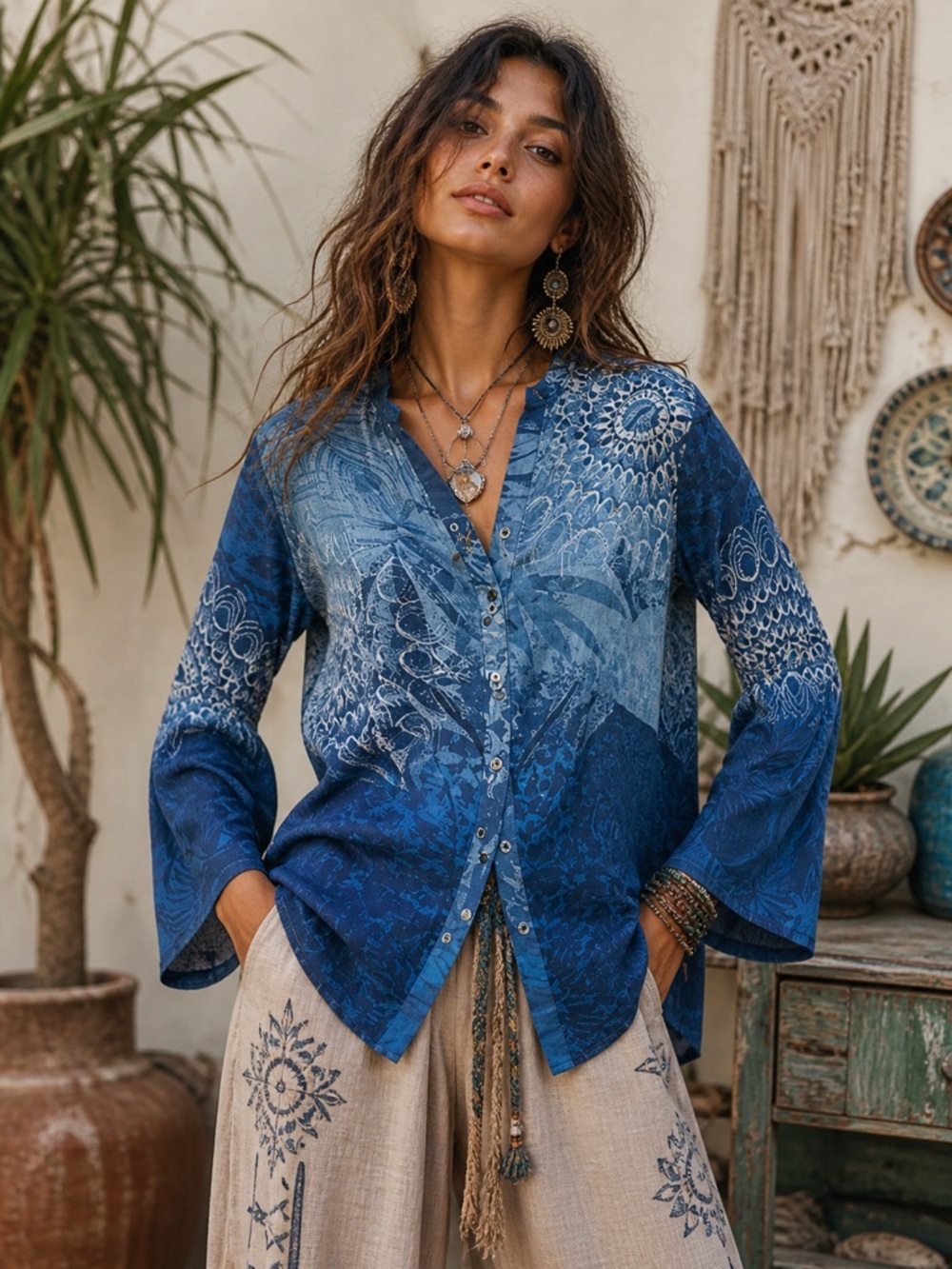 DESIGUAL BATINGA denim blue viscose Bell sleeve button up blouse XXL